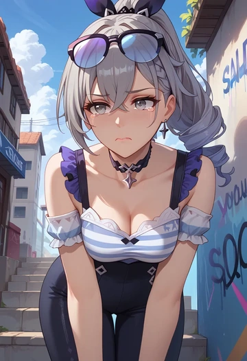 star rail,silver wolf,striped graffiti blouse,dolphin shorts  - AI generated anime art